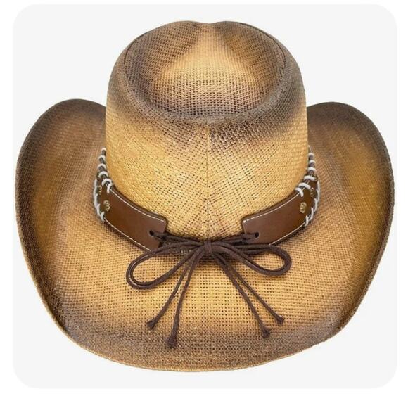 Paper Straw Brown Cowboy Hat with Star Leather Laced Band NEW - Picture 4 of 10